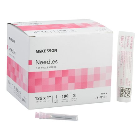 McKesson Hypodermic Needle McKesson 1 Inch Length 18 Gauge Thin Wall Without Safety