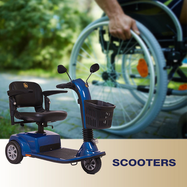 Three-wheel mobility scooter with padded seat and front basket